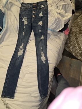 Hollister, Distressed, High-Rise Super Skinny, Classic Stretch Jeans - Dark Wash